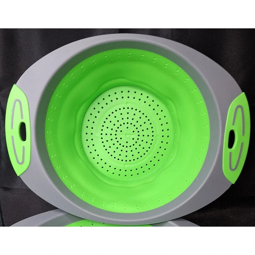 Collapsible Silicone Colander  Piece Green Grey Round Folding Strainers 3.5 qt.